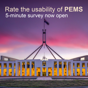 This image  promotes the PEMS Usability Survey, using Parliament House at night as the main image.